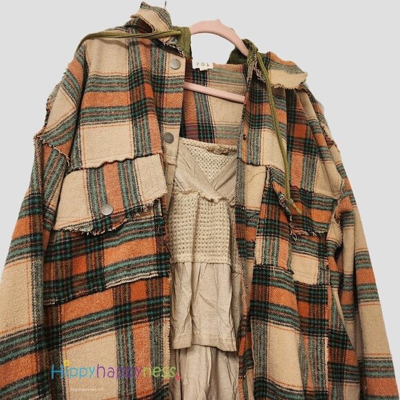 POL Shacket Jacket Oversized Plaid Hoodie Beige Orange Green - Picture 7 of 10